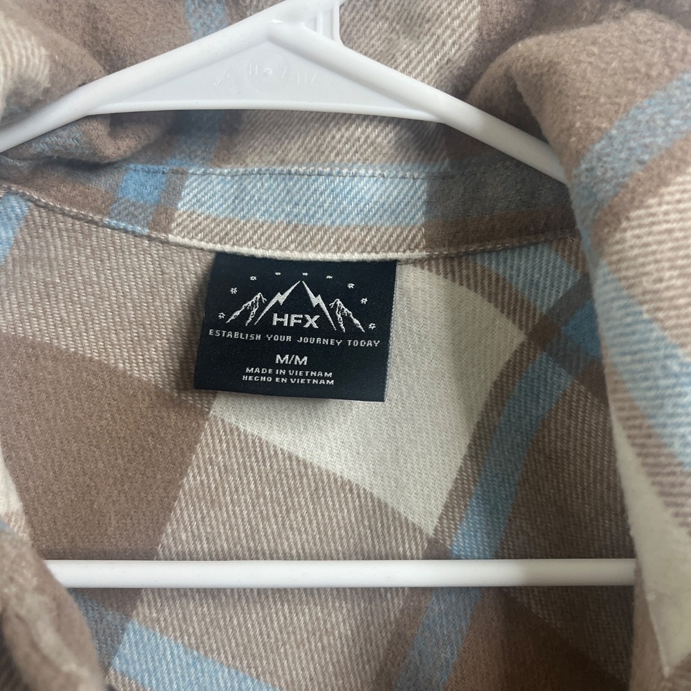 HFX Plaid Snap Button Shacket Jacket Beige Blue Medium - Picture 3 of 6
